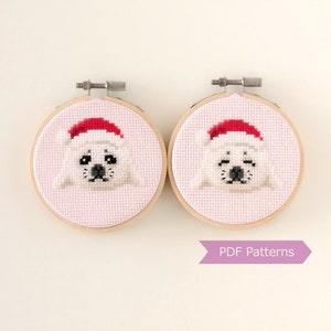 Baby Seal wearing Santa hat cross stitch PDF bundle - Christmas embroidery - Instant download - Small