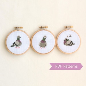 Pigeon cross stitch pattern PDF bundle - Set of 3 pigeon patterns - Instant download - Small