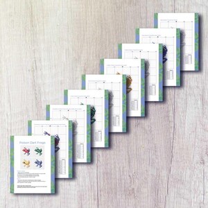 K&ouml;nnte beinhalten: Eine Sammlung von Kreuzstichmustern mit farbenfrohen Pfeilgiftfr&ouml;schen. Die Muster werden auf einzelnen Papierb&ouml;gen pr&auml;sentiert, jeder mit einem einzigartigen Froschdesign. Die Bl&auml;tter sind auf einer hellen Holzmaserung angeordnet.