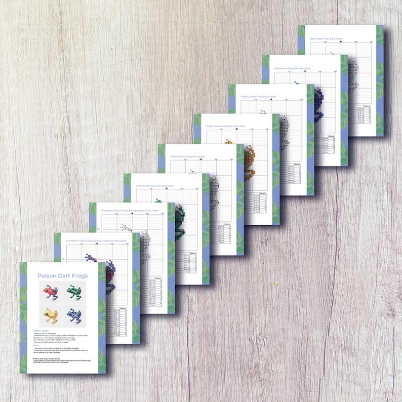 K&ouml;nnte beinhalten: Eine Sammlung von Kreuzstichmustern mit farbenfrohen Pfeilgiftfr&ouml;schen. Die Muster werden auf einzelnen Papierb&ouml;gen pr&auml;sentiert, jeder mit einem einzigartigen Froschdesign. Die Bl&auml;tter sind auf einer hellen Holzmaserung angeordnet.