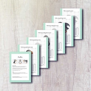 May include: A stack of cross-stitch pattern charts featuring puffins. The charts show different poses of the bird, including running and facing straight. The charts are printed on white paper with a light green border and are arranged on a light wood surface.