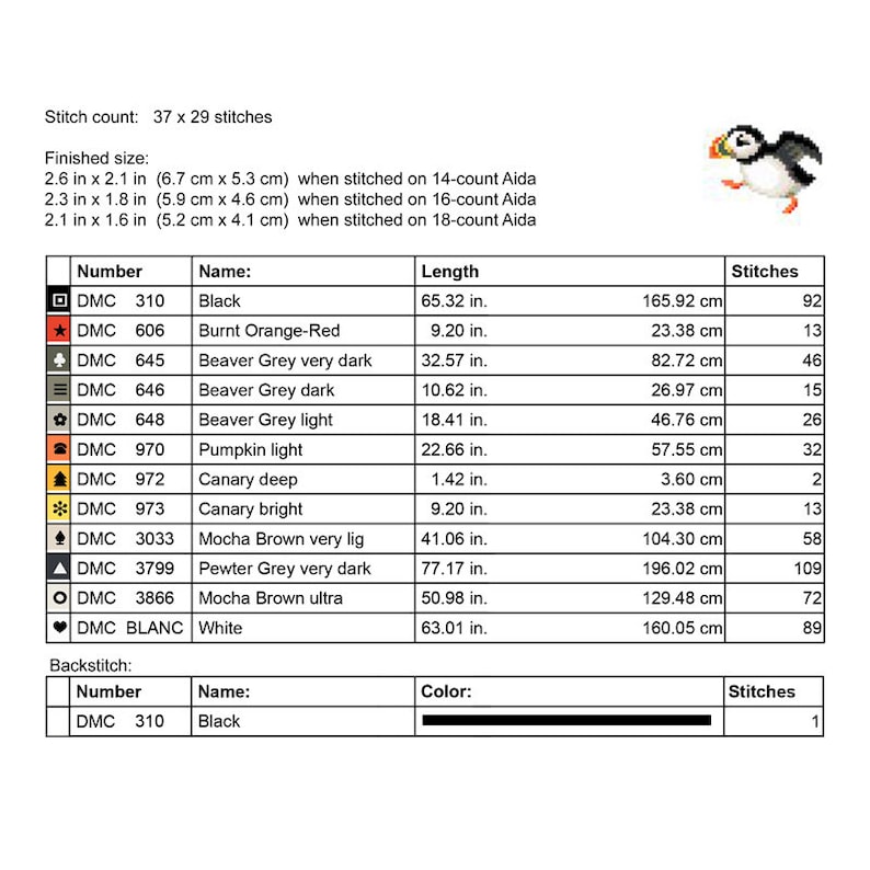 May include: A cross-stitch pattern chart with a pixelated puffin design. The chart includes a color key with DMC thread numbers, names, and lengths in inches and centimeters. The finished size is 2.6 x 2.1 inches.