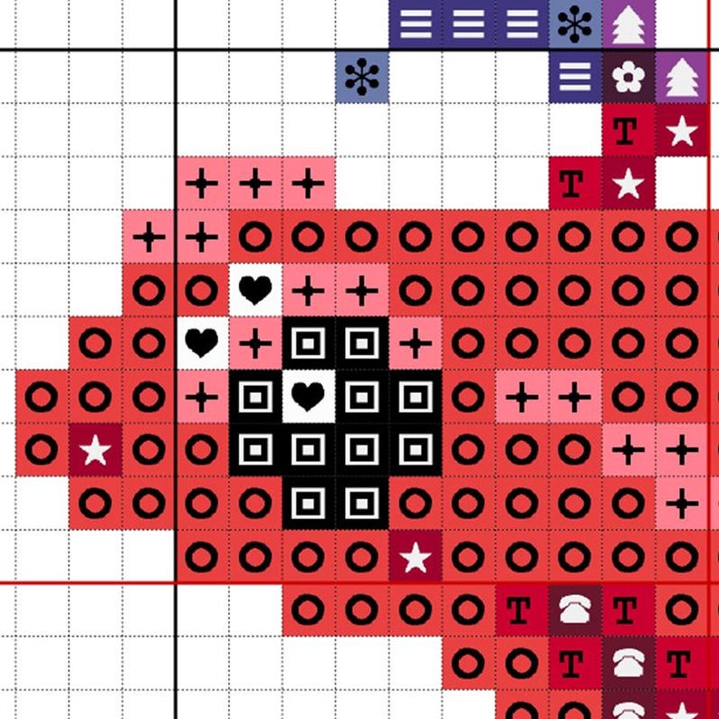 K&ouml;nnte beinhalten: Ein Kreuzstichmuster mit rotem und rosa Design mit schwarzen und wei&szlig;en Quadraten, Herzen, Kreisen und Sternen. Das Muster enth&auml;lt die Buchstaben "T" und ein Telefonsymbol. Das Design befindet sich auf einem wei&szlig;en Gitterhintergrund.