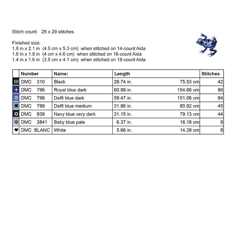 K&ouml;nnte beinhalten: Kreuzstichmuster mit einem pixeligen Frosch-Design. Die Tabelle enth&auml;lt eine Farbtabelle mit DMC-Garnnummern, Namen und L&auml;ngen in Zoll und cm. Fertige Gr&ouml;&szlig;en sind f&uuml;r 14-, 16- und 18-Count-Aida-Stoff angegeben. Stichzahl: 25 x 29 Stiche.