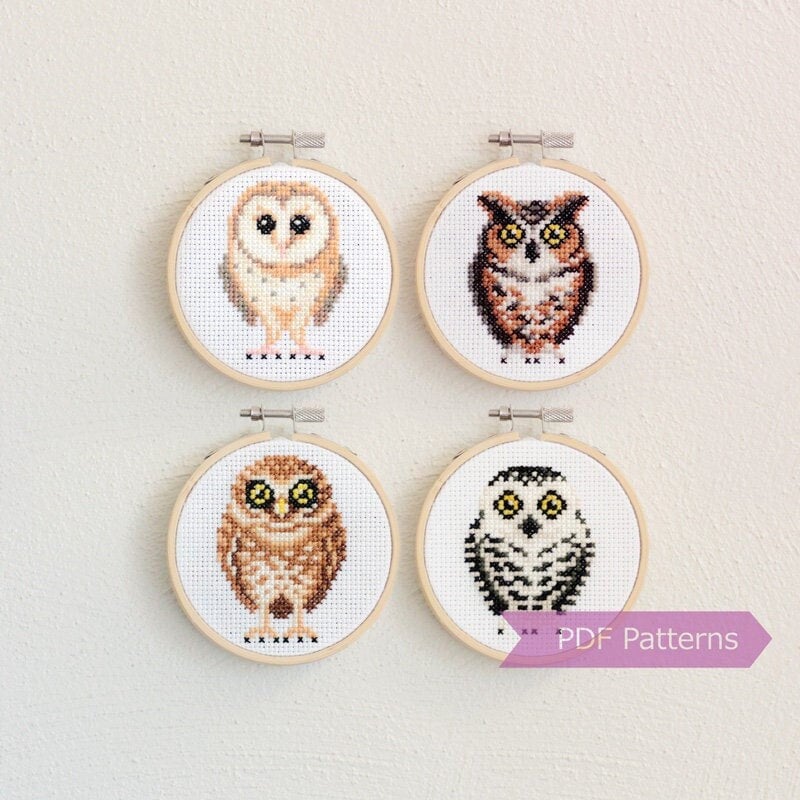Owls cross stitch pattern bundle (Set A) - Set of 4 patterns - Instant Download PDFs