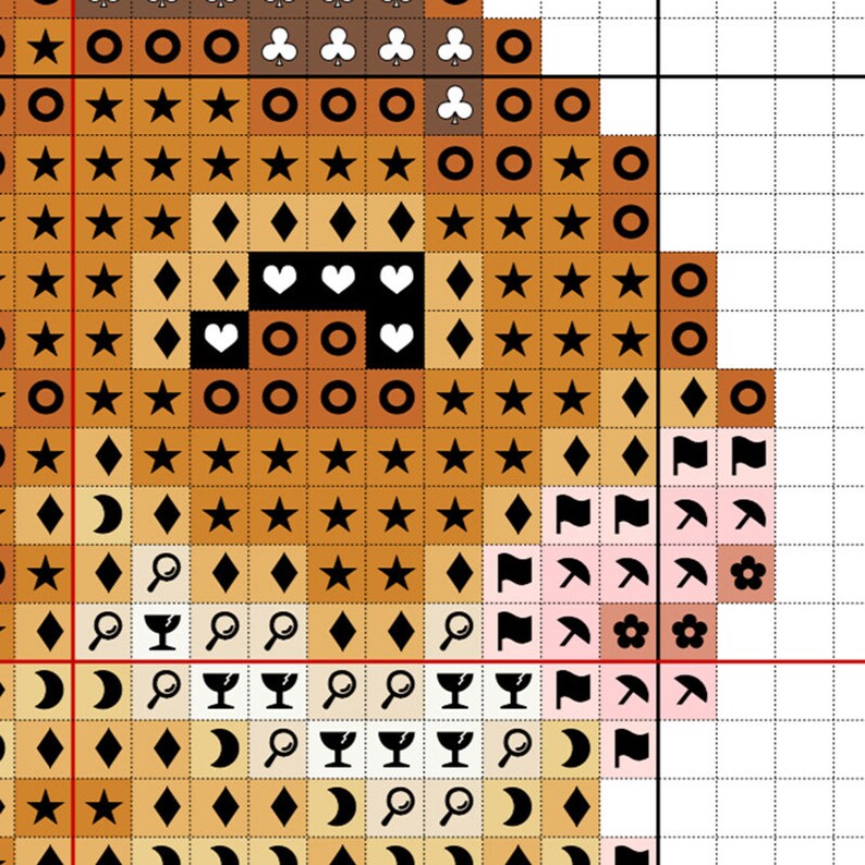 May include: Cross stitch pattern featuring a variety of symbols including stars, hearts, diamonds, circles, clubs, flags, flowers, and glasses. The pattern is in shades of brown, black, white, and pink.