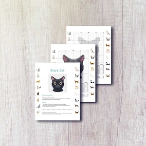 May include: A printable cross-stitch pattern for a black cat with yellow eyes. The pattern includes a color chart and instructions for stitching. The pattern is titled "Black Cat".