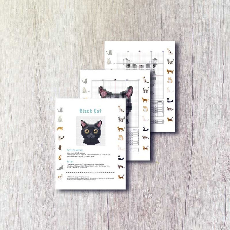May include: A printable cross-stitch pattern for a black cat with yellow eyes. The pattern includes a color chart and instructions for stitching. The pattern is titled "Black Cat".