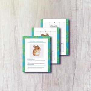 May include: A cross-stitch pattern for a golden hamster. The pattern includes a color chart and a grid with symbols. The pattern is titled "Golden Hamster".