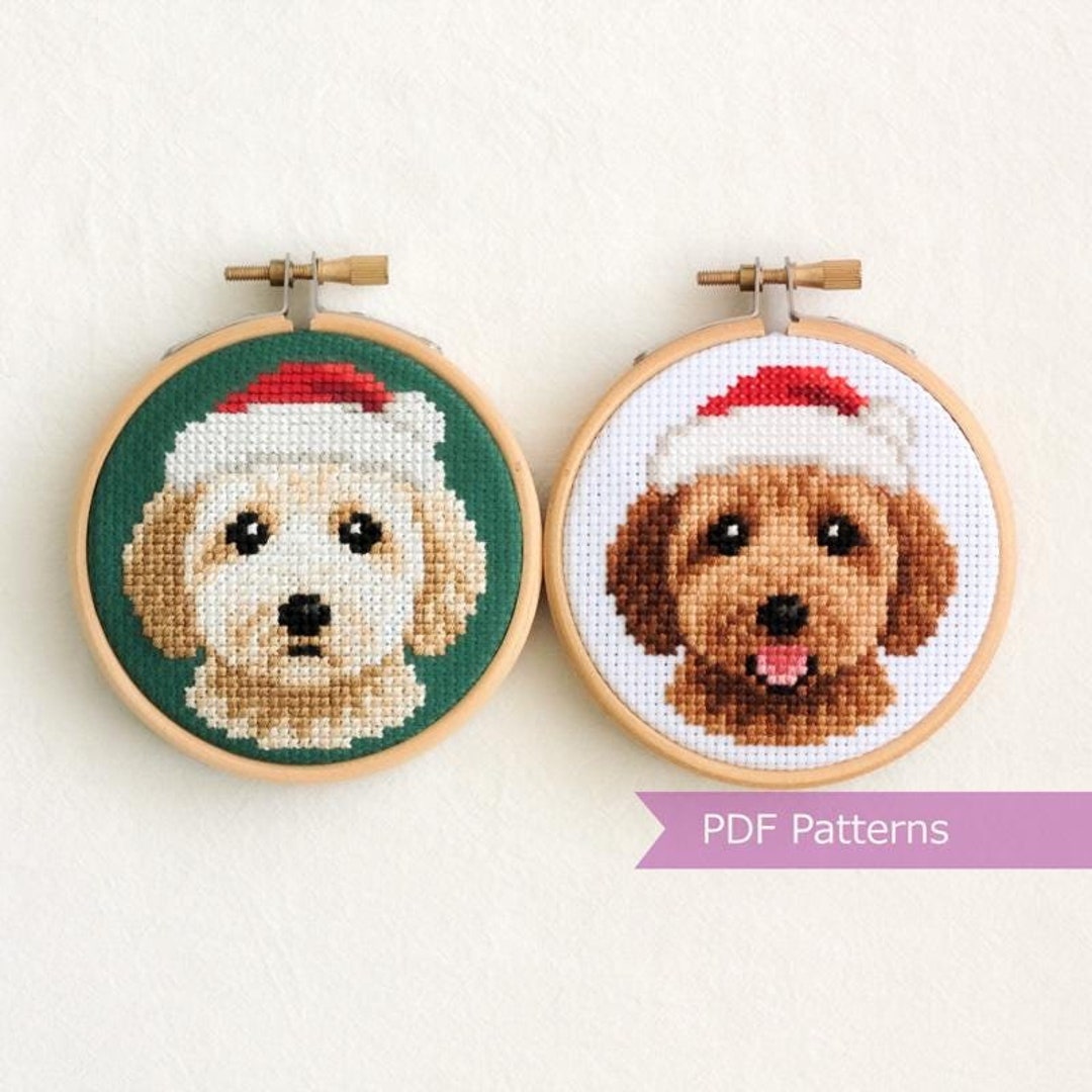 Goldendoodle Cream + Red wearing Santa hat cross stitch PDF - Christmas embroidery - Instant download - Small