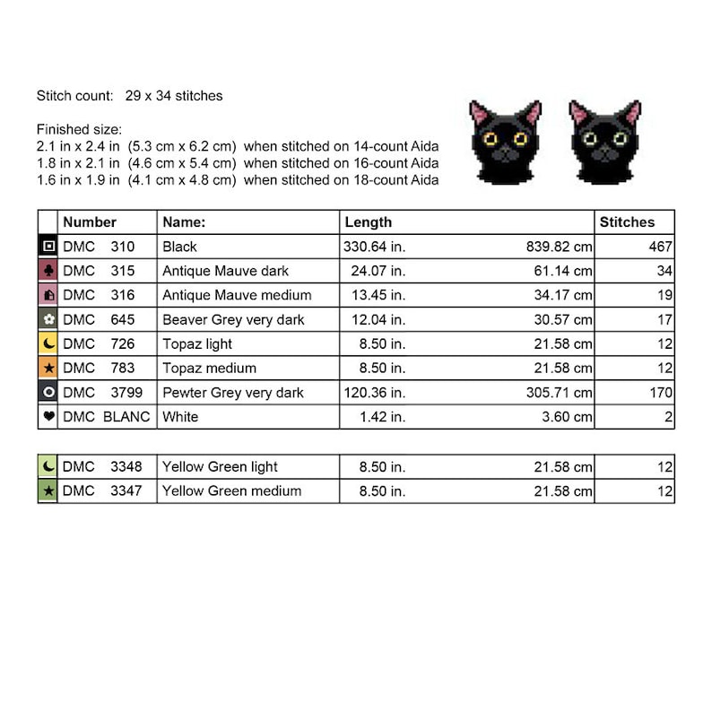 May include: A cross-stitch pattern chart for two black cats with yellow eyes. The chart includes the DMC floss colors and stitch counts for each color. The finished size is 2.1 inches by 2.4 inches when stitched on 14-count Aida fabric.