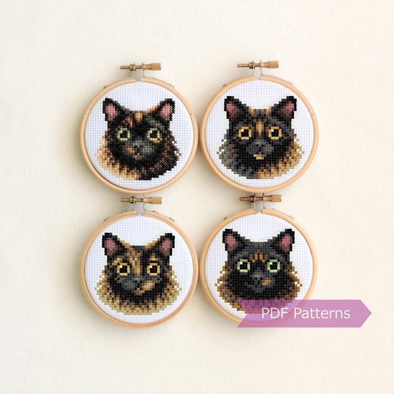 Long-haired Tortoiseshell Cat cross stitch pattern PDF bundle - 4 variations - Instant download - Small
