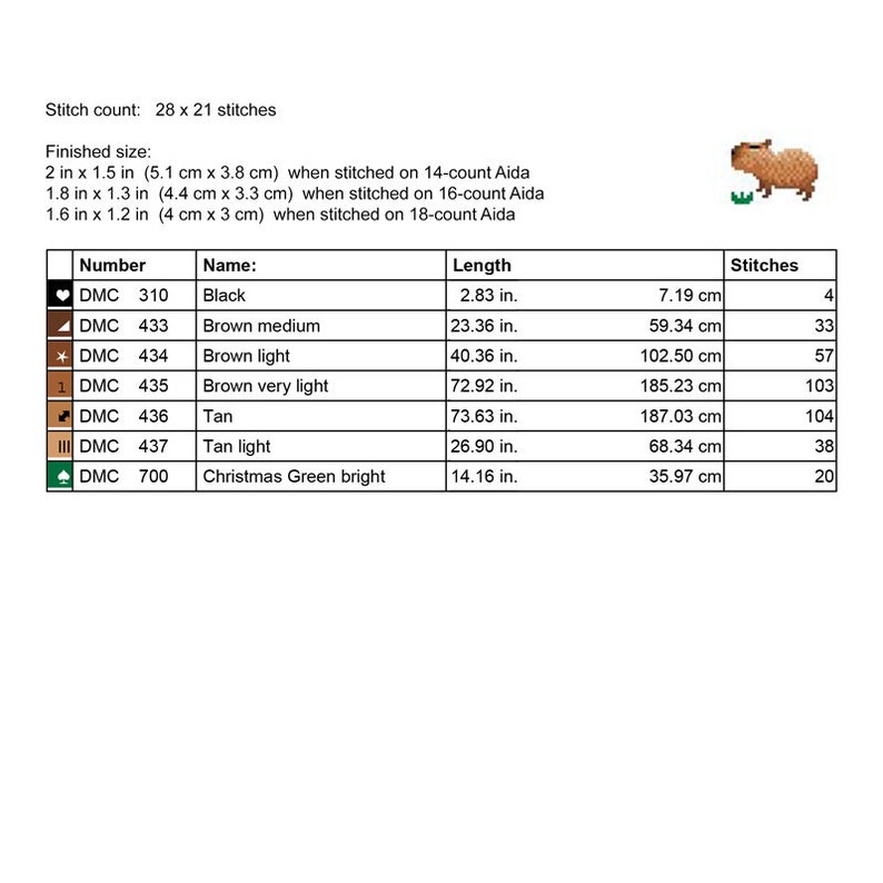 Puede incluir: Un gr&aacute;fico de punto de cruz para una capibara con hierba verde. El gr&aacute;fico incluye los colores de hilo DMC y el n&uacute;mero de puntos para cada color. El tama&ntilde;o terminado es de 5,1 cm por 3,8 cm cuando se borda en tela Aida de 14 puntos.