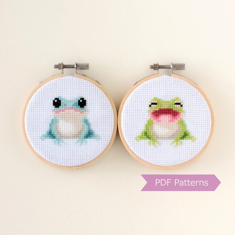 Frogs cross stitch pattern PDF bundle - Blue + Green Frog embroidery - Instant download - Small 