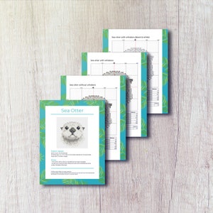 May include: A printable cross-stitch pattern for a sea otter with three different variations: one with whiskers, one with whiskers in black and white, and one without whiskers. The pattern includes a colour chart and instructions.