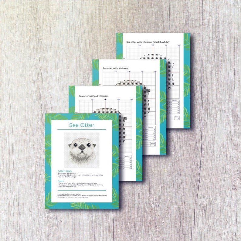 May include: A printable cross-stitch pattern for a sea otter with three different variations: one with whiskers, one with whiskers in black and white, and one without whiskers. The pattern includes a colour chart and instructions.