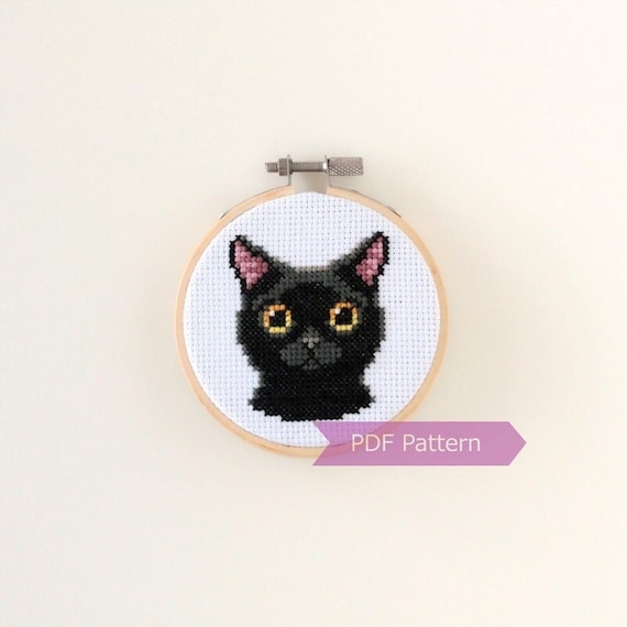 Black Cat cross stitch pattern PDF - Black Cat with yellow/green eyes embroidery - Instant download - Small