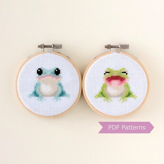 Frogs Cross Stitch Pattern PDF Bundle Blue Green Frog Embroidery