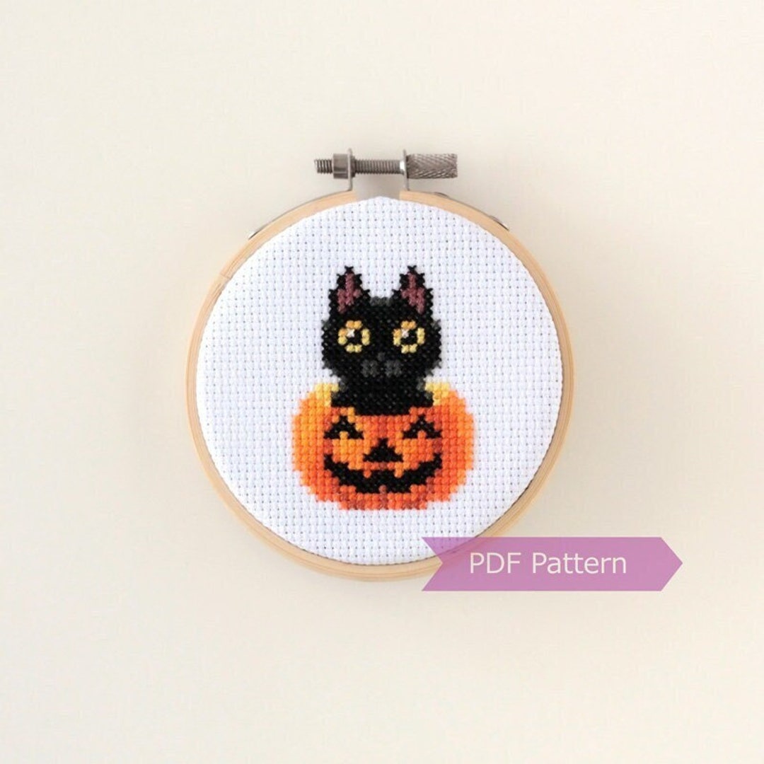 Black Cat in Pumpkin Cross Stitch PDF - Halloween Embroidery - Instant ...