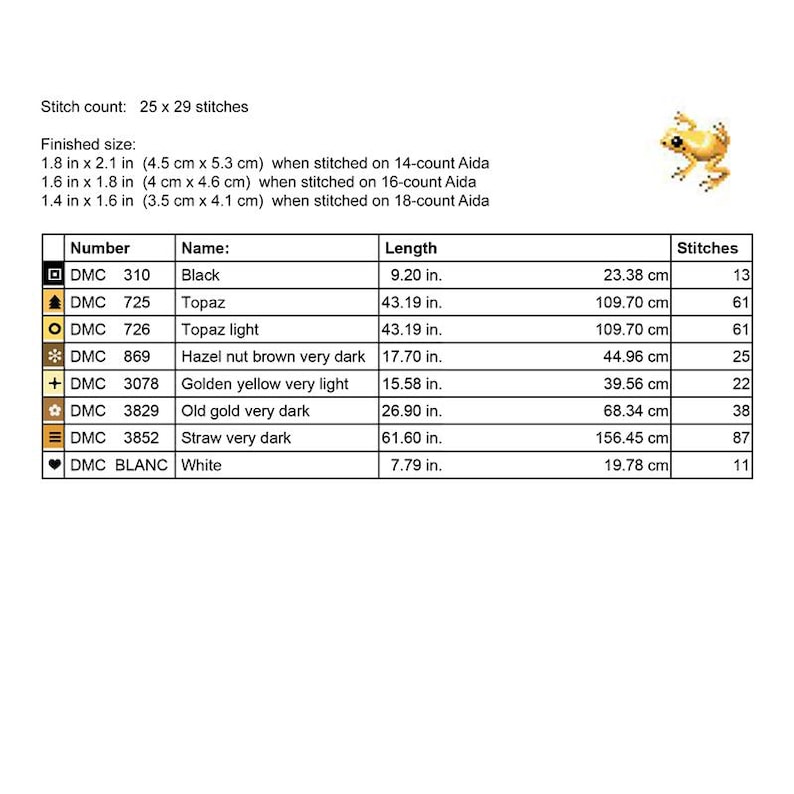 K&ouml;nnte beinhalten: Eine Kreuzstich-Mustertabelle mit einem Frosch-Motiv. Die Tabelle enth&auml;lt eine Farbcodierung mit DMC-Garnnummern, Namen und L&auml;ngen in Zoll und Zentimetern. Fertige Gr&ouml;&szlig;en sind f&uuml;r 14-, 16- und 18-Count-Aida-Stoff angegeben.