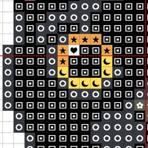 May include: Black and white pixel art design featuring a heart, stars, and crescent moons. The design is on a black background with white squares and circles.
