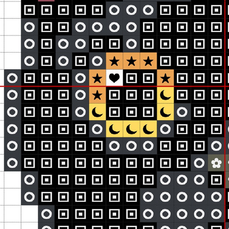 May include: Black and white pixel art design featuring a heart, stars, and crescent moons. The design is on a black background with white squares and circles.