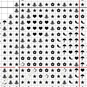 May include: Black and white cross stitch pattern chart featuring a variety of symbols including stars, hearts, flowers, fish, umbrellas, and hot springs. The chart is divided into a grid with red lines.