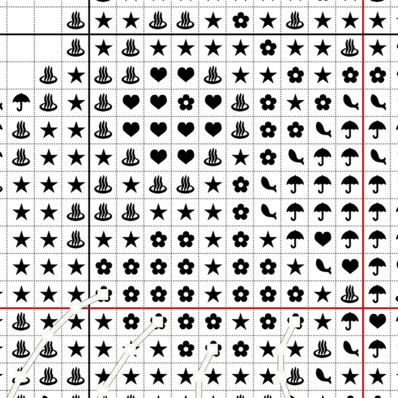 May include: Black and white cross stitch pattern chart featuring a variety of symbols including stars, hearts, flowers, fish, umbrellas, and hot springs. The chart is divided into a grid with red lines.