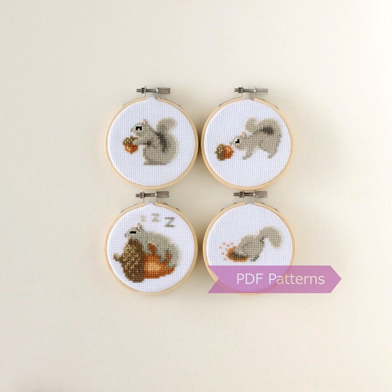 Gray Squirrel cross stitch PDF bundle Set of 4 gray squirrels Instant download Small image 1