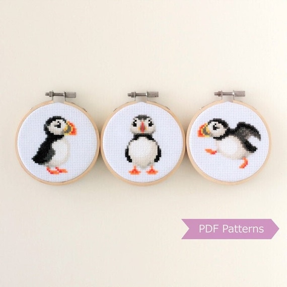 Puffin cross stitch pattern PDF bundle - Set of 3 puffin patterns - Instant download - Small