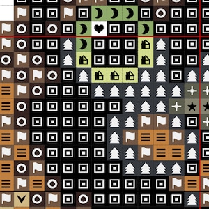 Op de afbeelding: Een kruissteekpatroon met een raster van vierkanten met diverse symbolen, waaronder cirkels, vlaggen, hartjes, manen, huisjes, sterren en bomen. Het ontwerp gebruikt een kleurenpalet van zwarte, witte, lichtgroene, bruine en donkergrijze vierkanten.