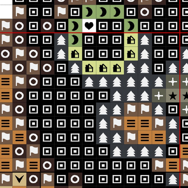 Op de afbeelding: Een kruissteekpatroon met een raster van vierkanten met diverse symbolen, waaronder cirkels, vlaggen, hartjes, manen, huisjes, sterren en bomen. Het ontwerp gebruikt een kleurenpalet van zwarte, witte, lichtgroene, bruine en donkergrijze vierkanten.