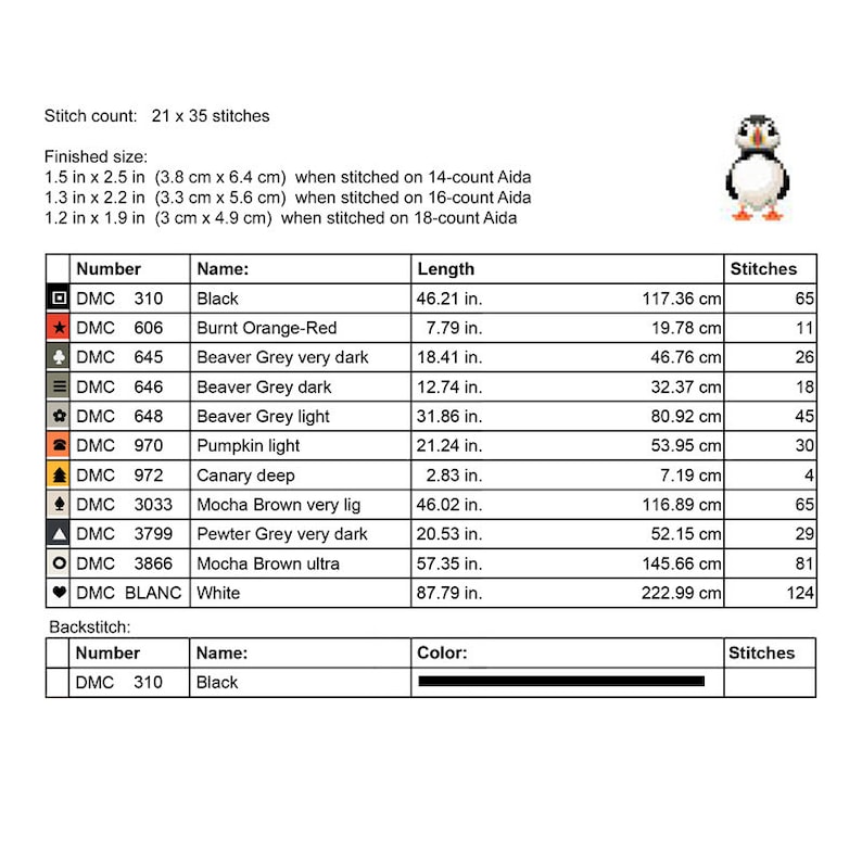 May include: A cross-stitch pattern chart with a pixelated penguin illustration. The chart includes a color key with DMC thread numbers, names, and lengths in inches and centimeters. Finished size is 1.5 x 2.5 inches (3.8 x 6.4 cm) on 14-count Aida.