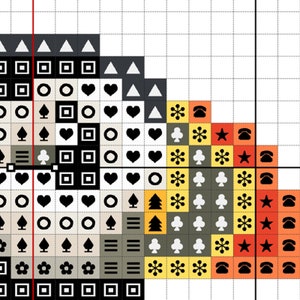 May include: Close-up of a cross-stitch pattern in progress, featuring a grid of squares with various symbols. The design includes hearts, spades, clubs, diamonds, triangles, and floral patterns in black, white, gray, yellow, and orange.