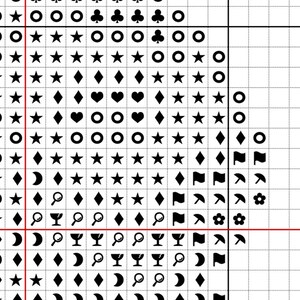 May include: Black and white cross stitch pattern chart with symbols for a variety of designs, including stars, hearts, diamonds, moons, flags, flowers, and glasses. The chart is divided into a grid with numbers and letters along the edges.