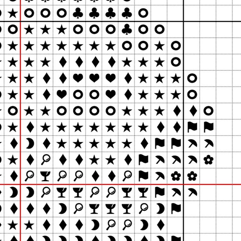 May include: Black and white cross stitch pattern chart with symbols for a variety of designs, including stars, hearts, diamonds, moons, flags, flowers, and glasses. The chart is divided into a grid with numbers and letters along the edges.