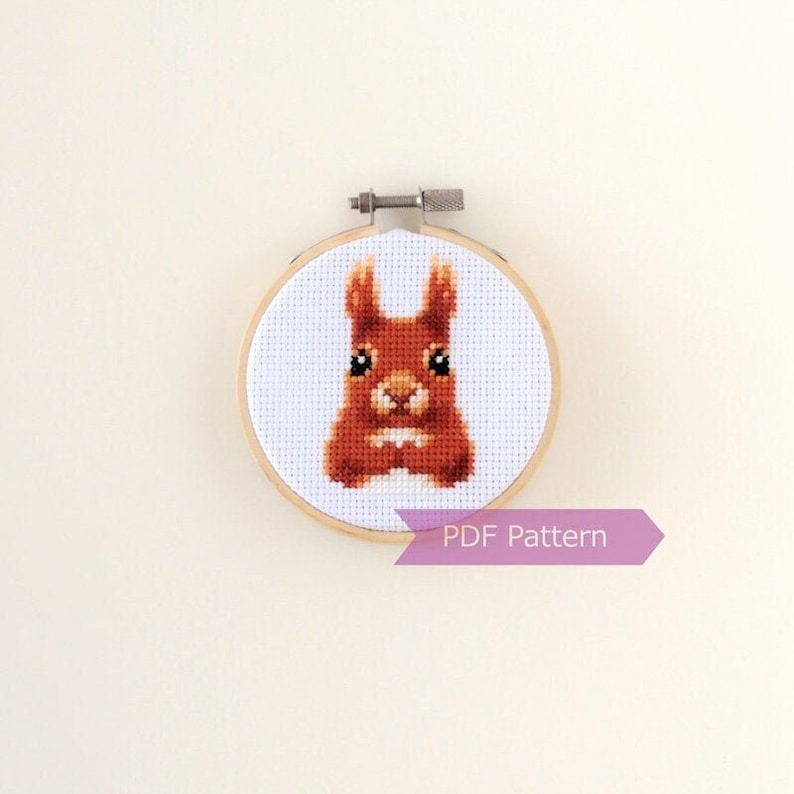 May include: A cross-stitch pattern of a red squirrel in a wooden embroidery hoop. The pattern is available as a PDF download.