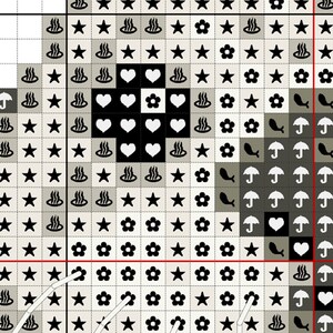 May include: Black and white cross stitch pattern featuring a variety of symbols including stars, hearts, flowers, hot springs, fish, and umbrellas.