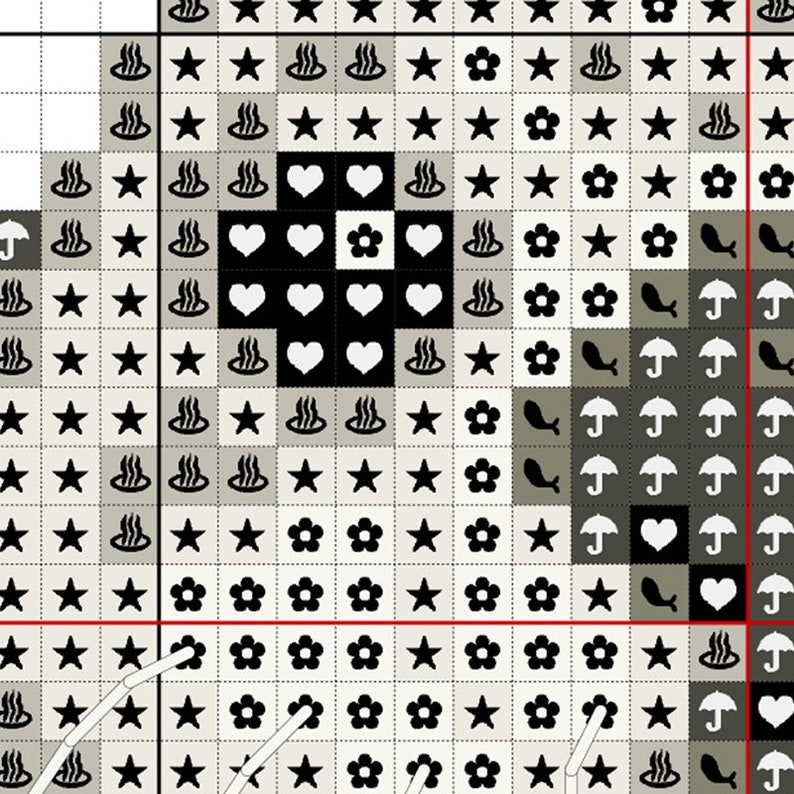 May include: Black and white cross stitch pattern featuring a variety of symbols including stars, hearts, flowers, hot springs, fish, and umbrellas.