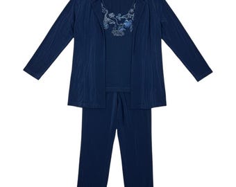 Chicos Travelers Navy Blue 3 Piece Set Embroidered Top Cardigan Pants Size 1 M