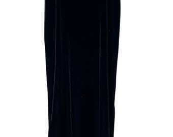 May include: A black velvet maxi skirt with a simple, straight silhouette.