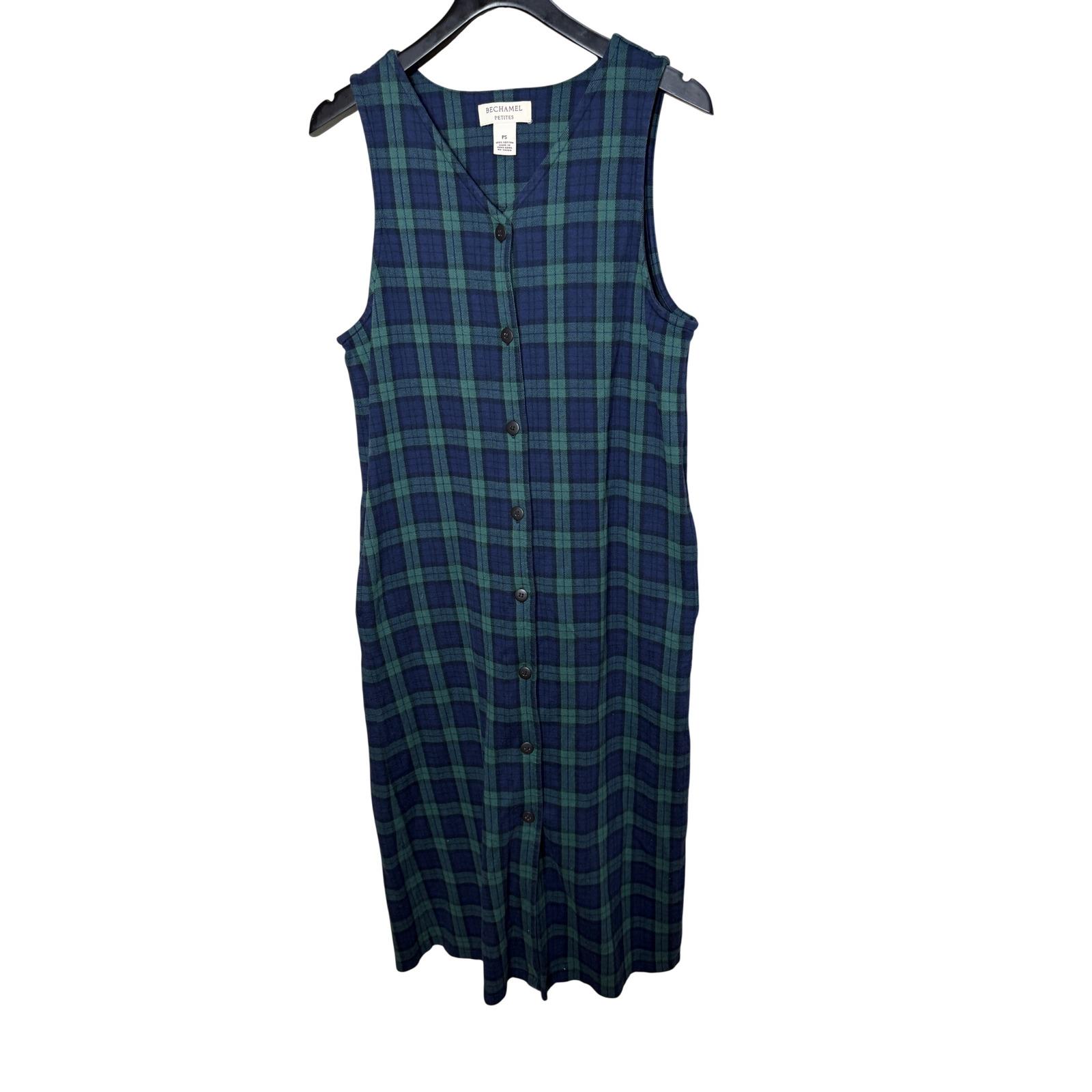 Bechamel Petites Navy Green Plaid Button Front Maxi Jumper Dress Cotton PS