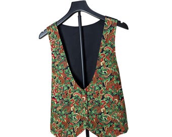 Vintage Christmas Goose Paisley Holly Embroidered Vest Black Green Red Women S
