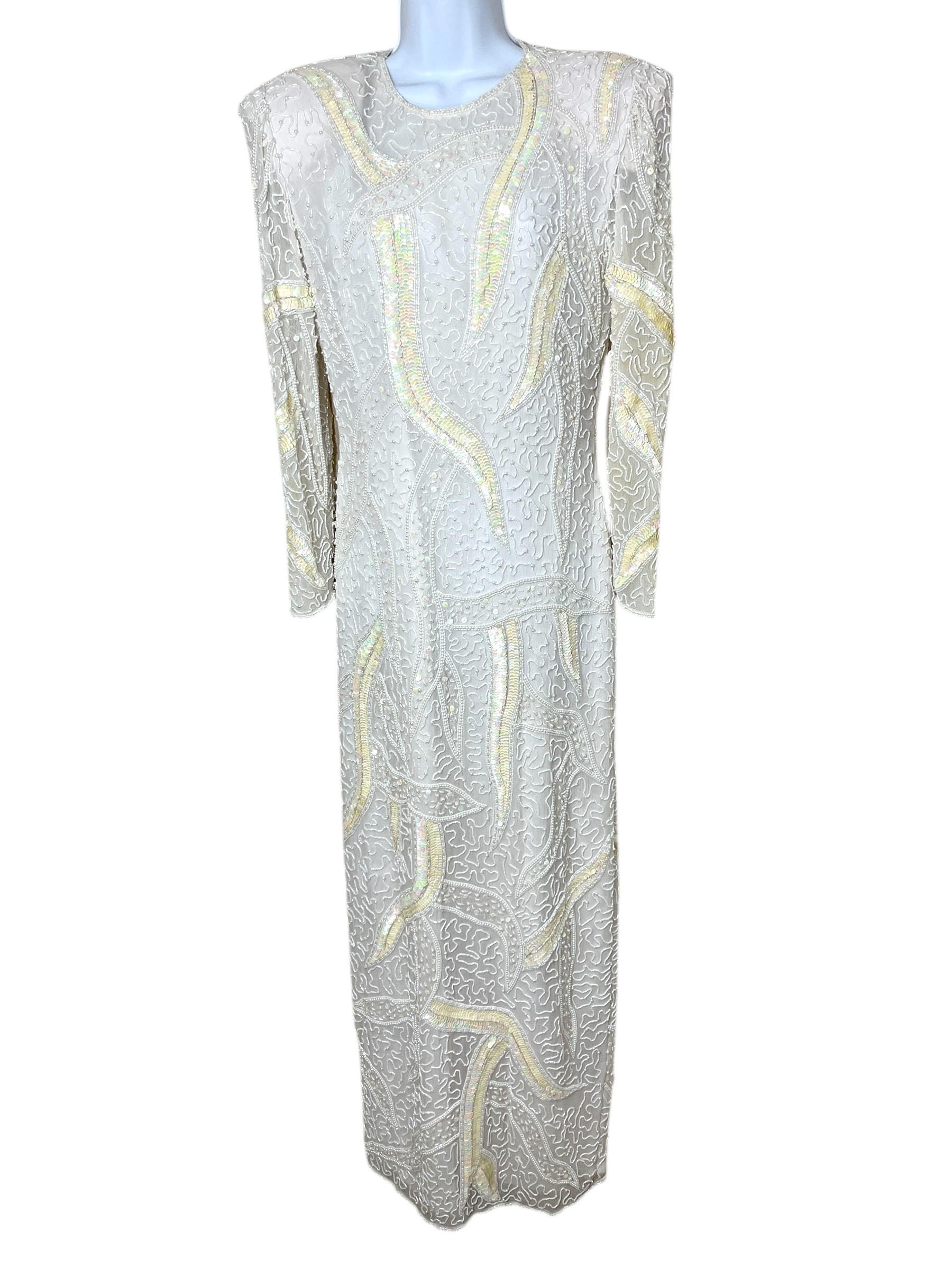 Jas Jas White Pale Yellow Sequin Beaded Long Sleeve Maxi Silk Evening Gown 8
