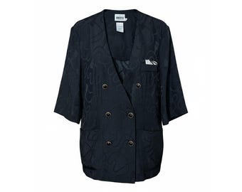 Leslie Fay Petite Vintage 90s Black Rope Jacquard Double Breasted Blazer Size 16