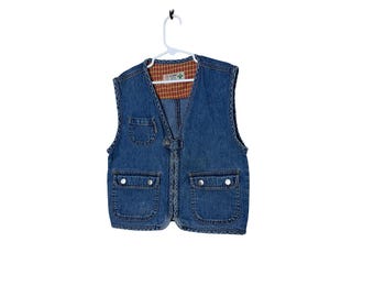 Claire Kids Vintage Denim Vest Blue Medium Wash Plaid Lined Zip Front Size 6A