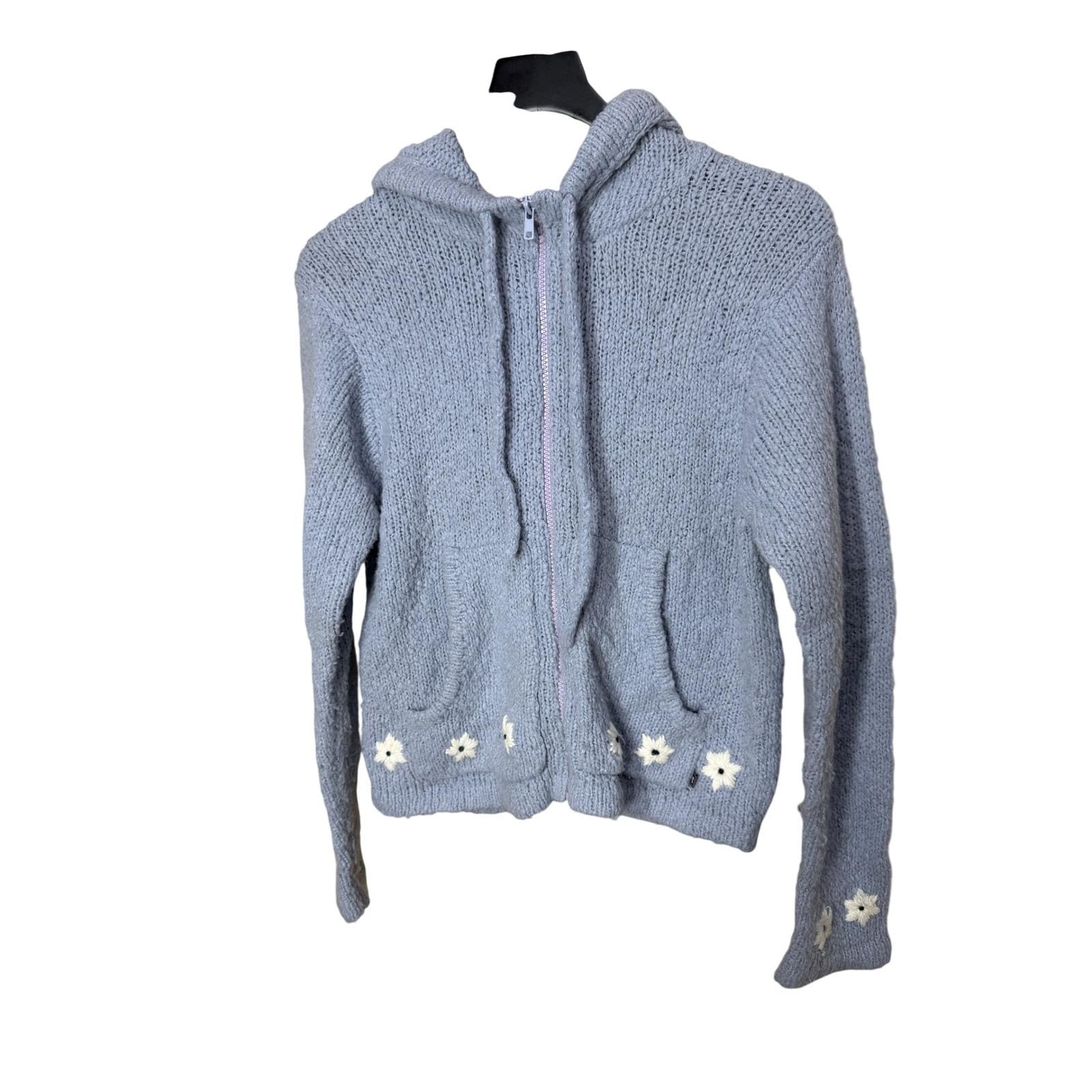Roxy Vintage Blue Daisy Embroidered Wool Blend Zip up Knit Hoodie