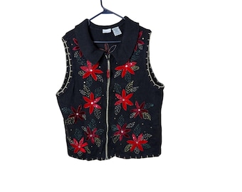 White Stag Womens Plus 22W/24W Black Poinsettia Holiday Zip Front Sweater Vest