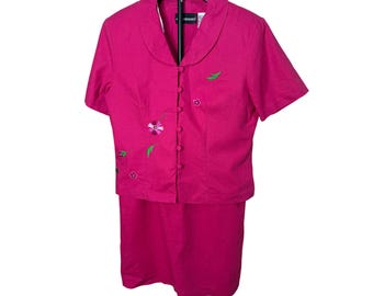 Hafen Kleid Vintage Rosa Leinenmischung Bestickter Rock Anzug Set 12