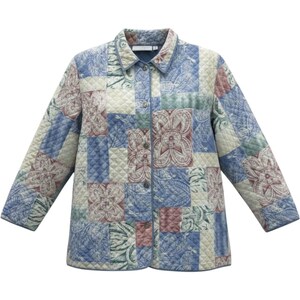May include: A long-sleeve quilted jacket featuring a patchwork design with alternating squares of blue, cream, and muted red floral and leaf patterns. The jacket has a standard collar, a button-down front with visible buttons, and a quilted texture.